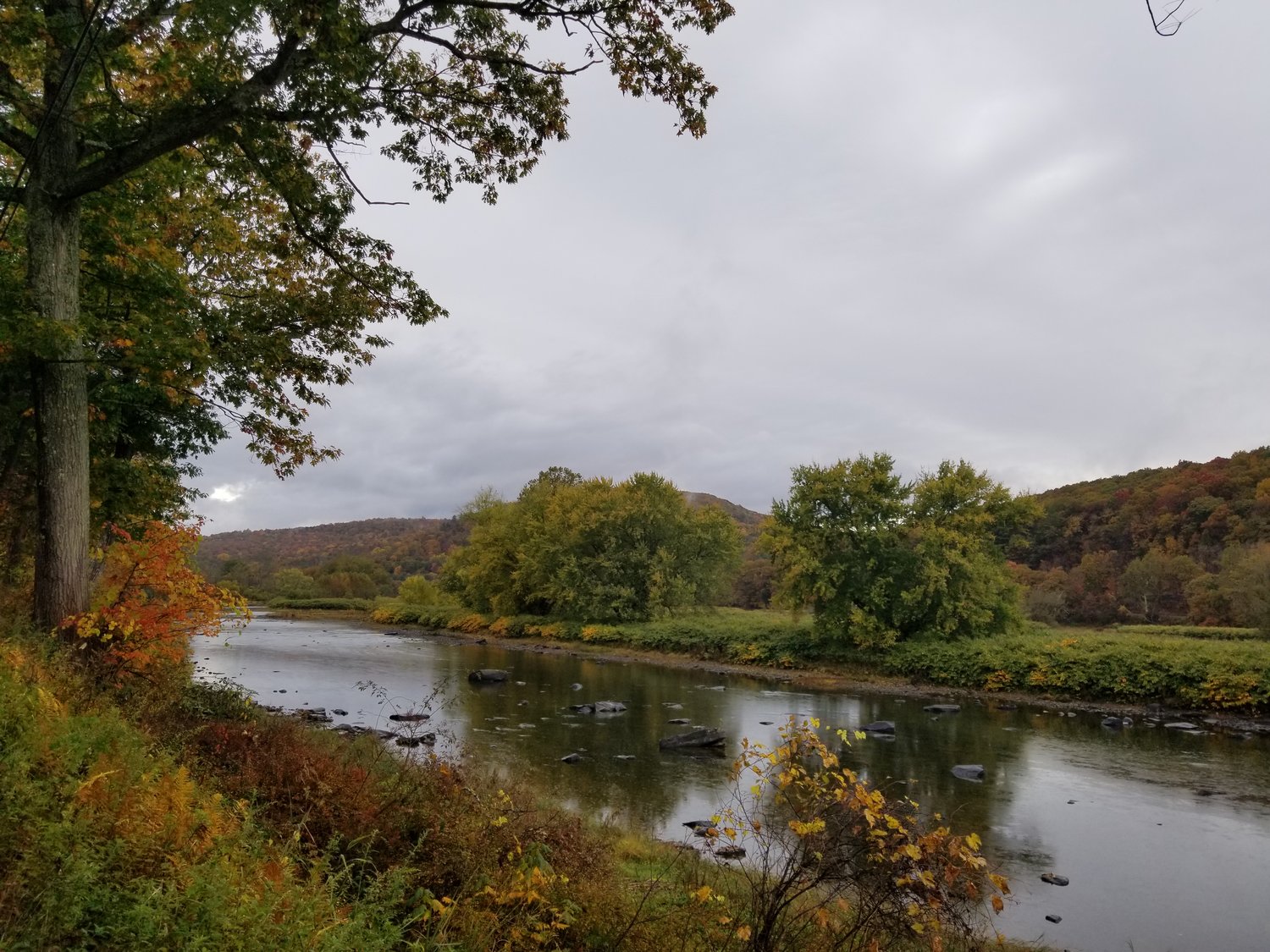 Autumn on the Delaware at Callicoon. Looming clouds promise a storm.
